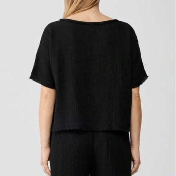 Eileen Fisher Organic Cotton Gauze Boxy Top Black Small Lagenlook Fringe Hem - Picture 2 of 6